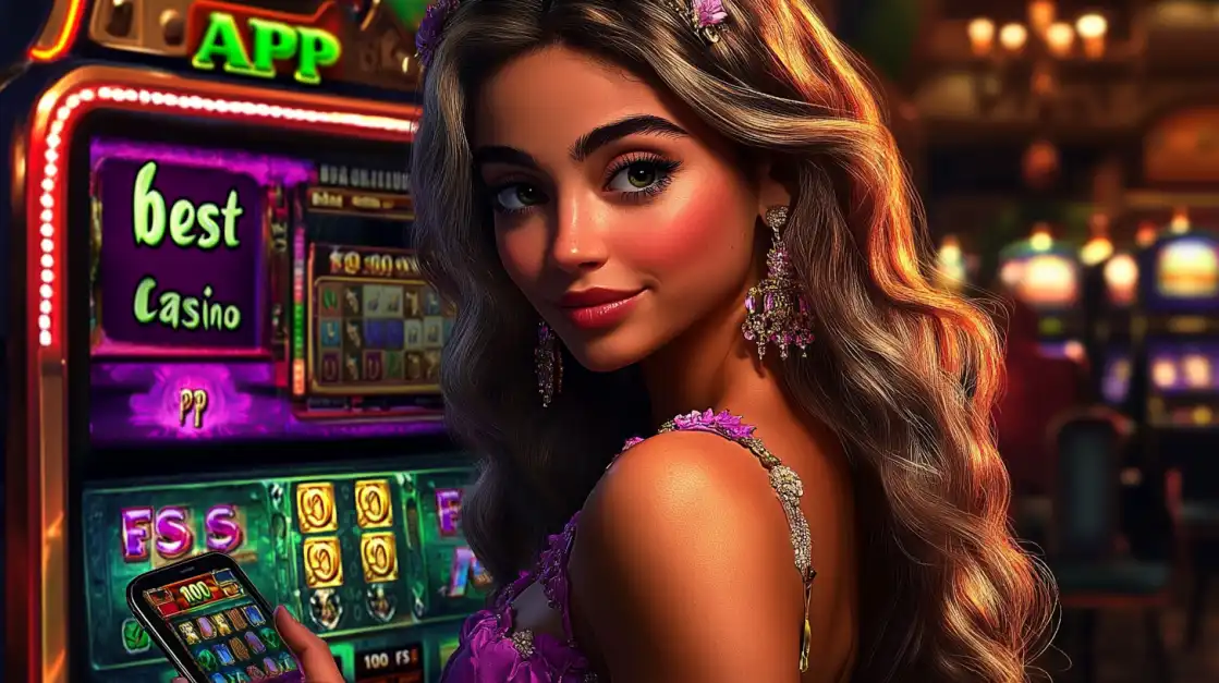 A woman in a glamorous dress enjoys the uubd mobile app next to a best Casino slot machine, showing the convenience of playing your favorite games anywhere.