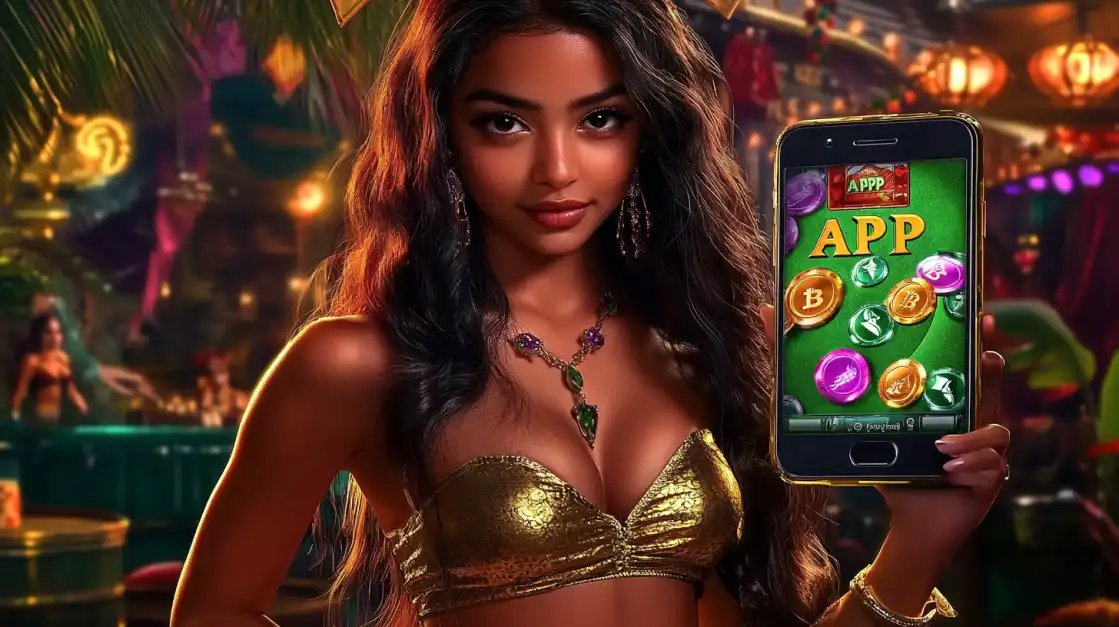 A beautiful woman in a gold top holds a phone showcasing the official uubd casino app, featuring a slot game with Bitcoin and other crypto coin symbols.