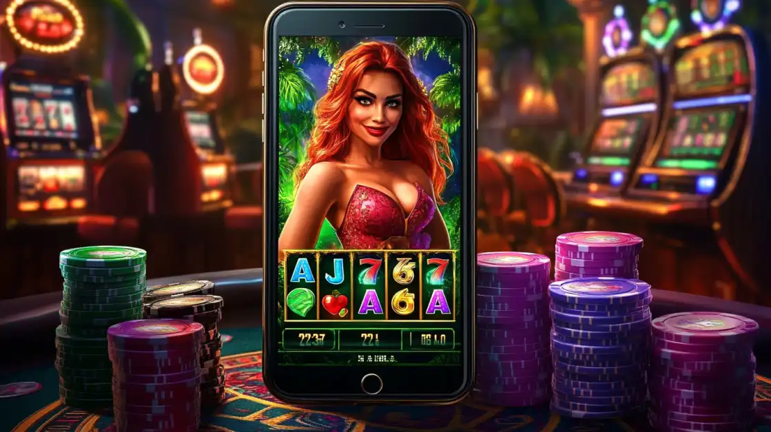 A smartphone on a casino table surrounded by poker chips displays a colorful uubd slot game interface, featuring a red-haired character and classic symbols.