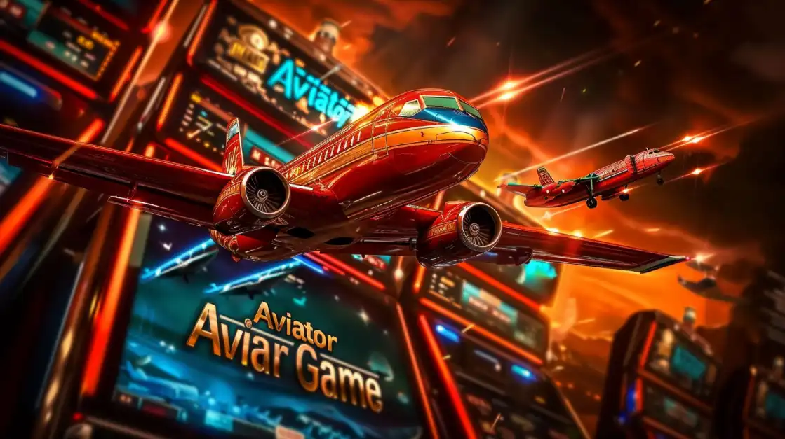 Red airplanes from the popular Aviator crash game soar through a vibrant city of casino lights, highlighting the thrilling multiplier game available at uubd.