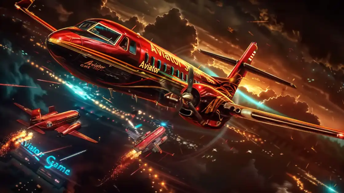A fleet of red airplanes from the uubd Aviator game flies through a dramatic night sky over a brightly lit city, symbolizing the exciting chase for big wins.