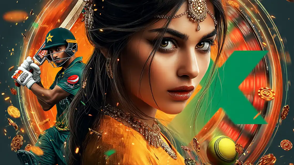 A beautiful woman with traditional jewelry and a cricket batsman in the background, promoting the uubd betting exchange, with a cricket ball and roulette wheel.