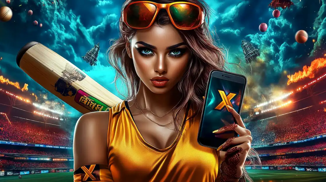A stylish woman with a baseball bat holds a smartphone showing the uubd betting exchange app logo in front of a packed stadium, ready for baseball betting action.