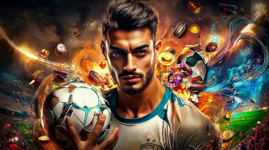 An intense, artistic portrayal of a star soccer player holding a football, surrounded by a dynamic explosion of stadium lights and casino elements, for uubd sports betting.