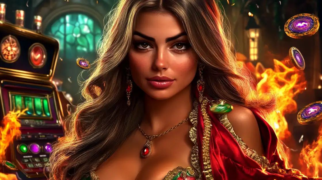 A stunning woman in a red cloak is surrounded by artistic flames and floating gold coins in front of a uubd slot machine, symbolizing hot winning opportunities.