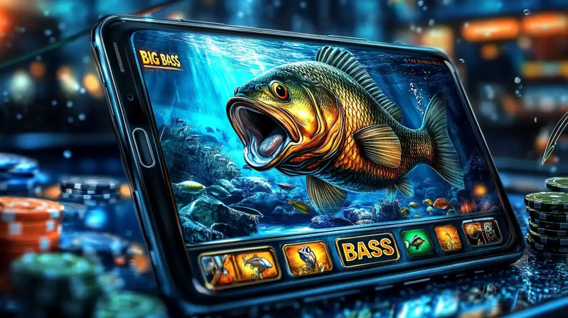 A smartphone on a casino table displays the uubd Big Bass slot game, showing a large bass fish with its mouth open leaping out from under the water.