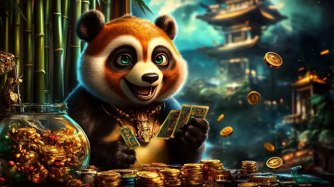 A cheerful panda wearing gold chains plays a card game in an Asian-themed setting, with a jar of gold coins nearby, representing a fun slot game at uubd casino.