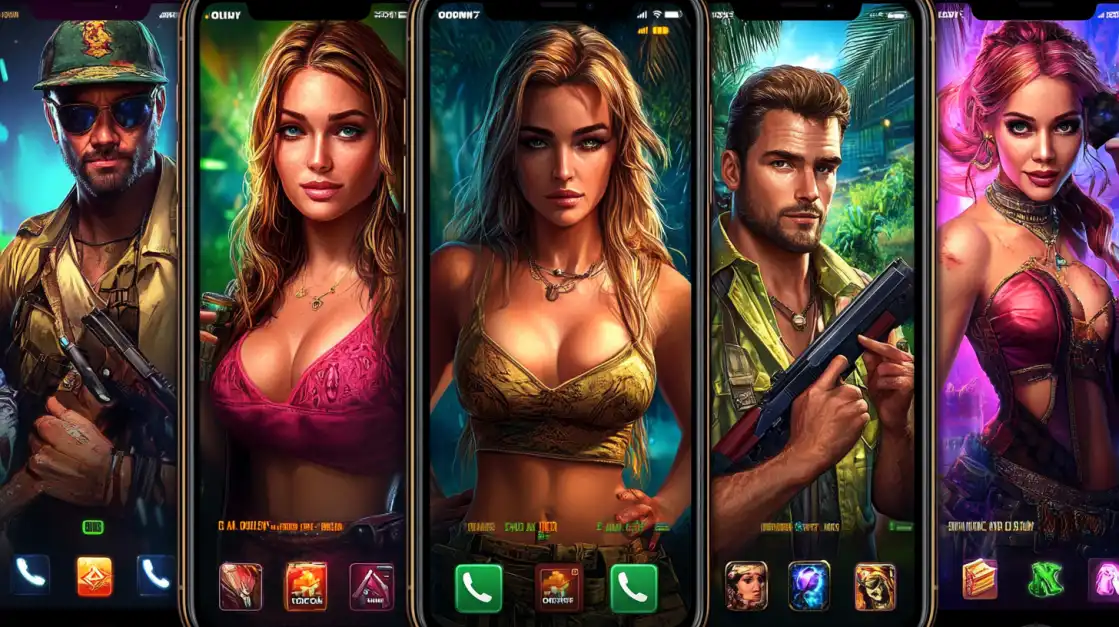 A collage of five smartphones displaying different character wallpapers from the uubd mobile gaming universe, featuring rugged male heroes and beautiful heroines.