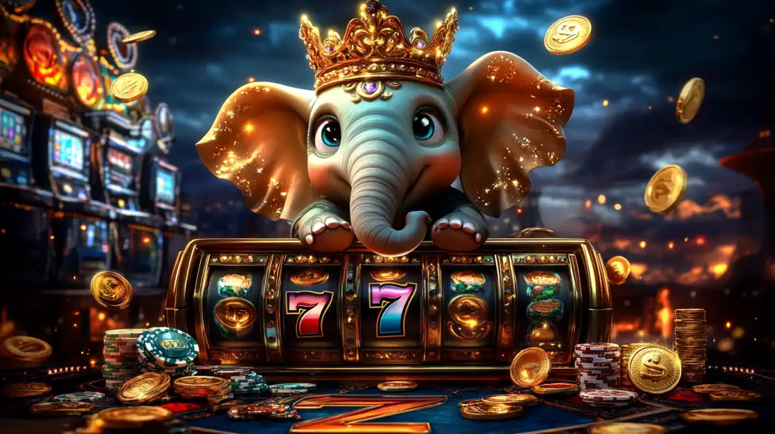 A cute baby elephant wearing a gold crown sits atop a uubd slot machine with a 777 jackpot win, surrounded by falling gold coins and casino chips.