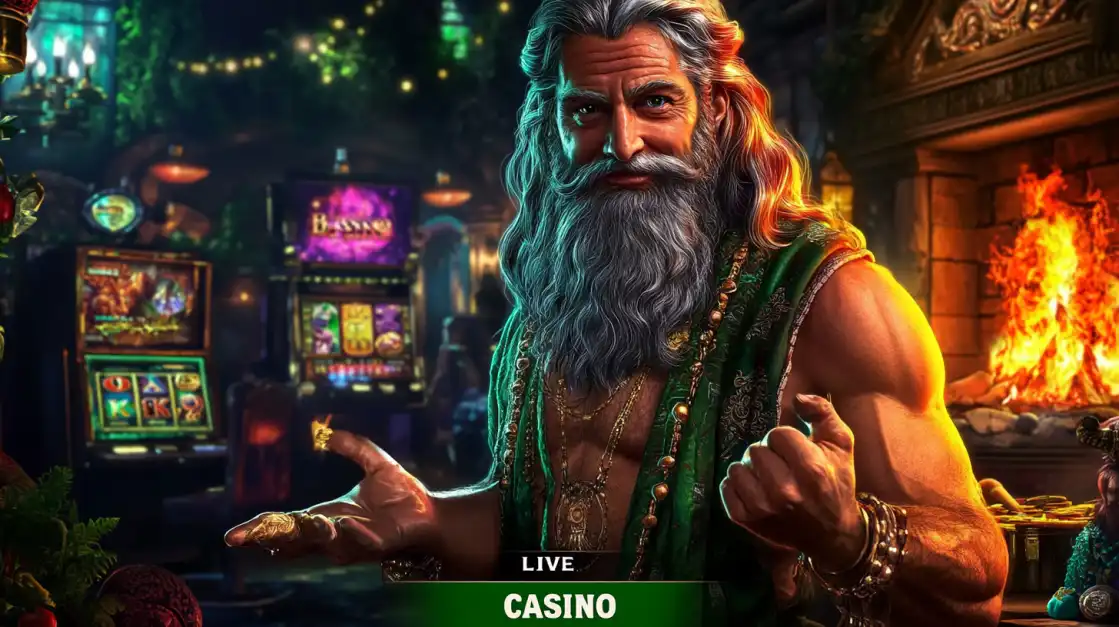 A charismatic live casino host with a long white beard welcomes players to a uubd game in a warm, inviting setting with a fireplace and casino machines behind him.