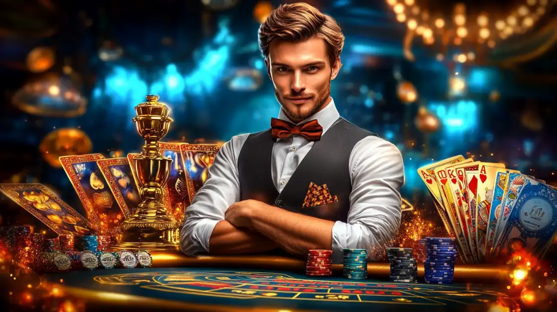 A dapper male dealer sits confidently at a uubd poker table, surrounded by playing cards showing a royal flush, stacks of chips, and a golden winner's trophy.