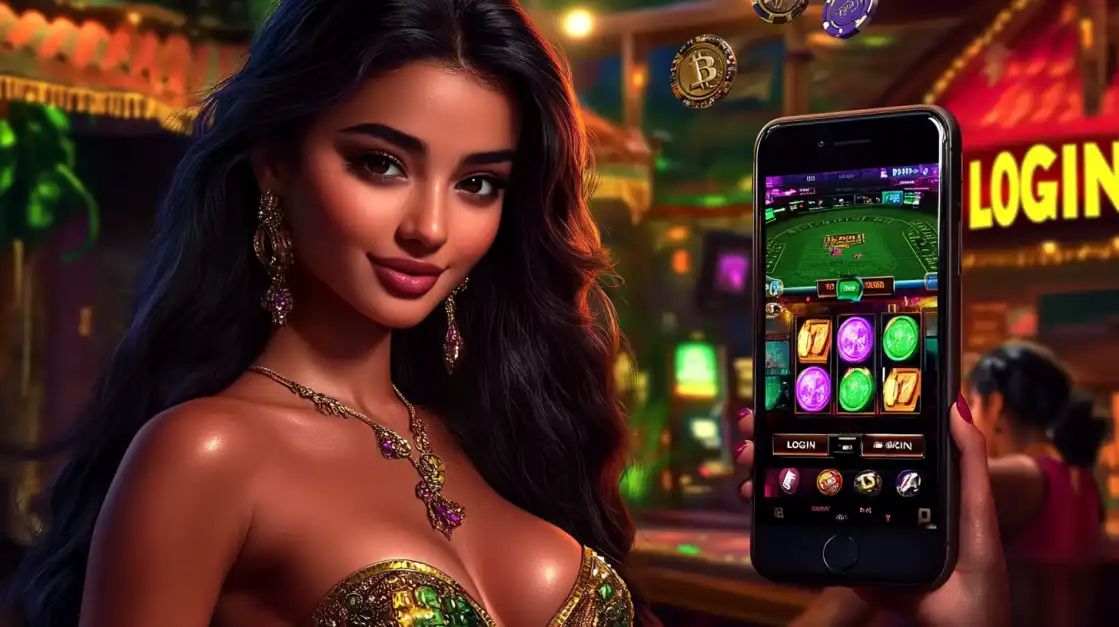A smiling woman with elegant jewelry presents a smartphone with the uubd crypto casino app's login screen, set against a vibrant casino background.