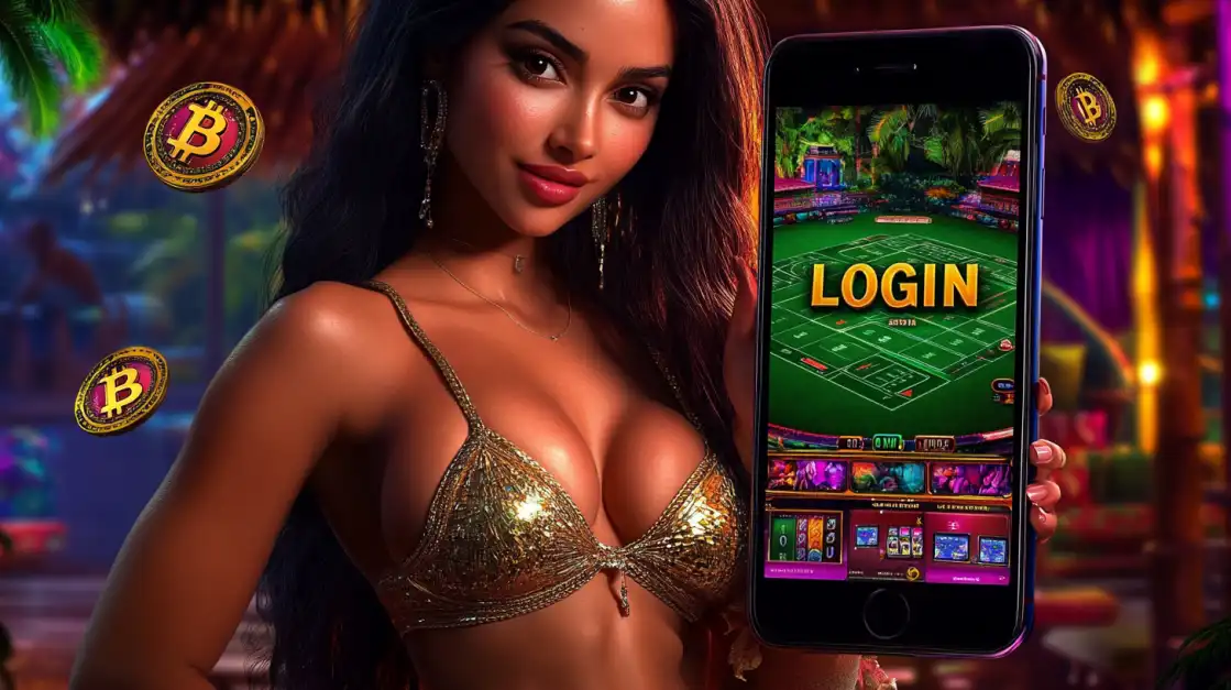 A woman in a gold bikini on a tropical vacation holds up a smartphone showing the uubd mobile casino login screen, with Bitcoin symbols floating nearby.