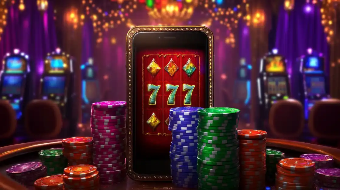 A smartphone displaying the uubd 777 slot game app stands on a casino table, surrounded by tall stacks of red, blue, and green poker chips.