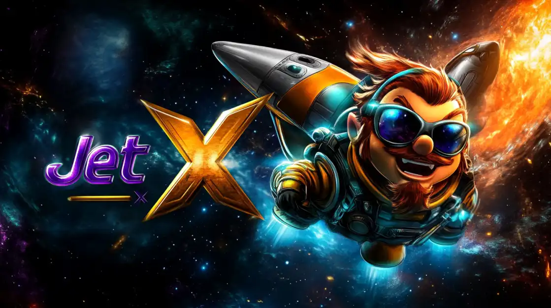 A cool cartoon pilot in a jetpack flies through outer space next to the JetX logo, showcasing the thrilling crash game available for play at the uubd online platform.
