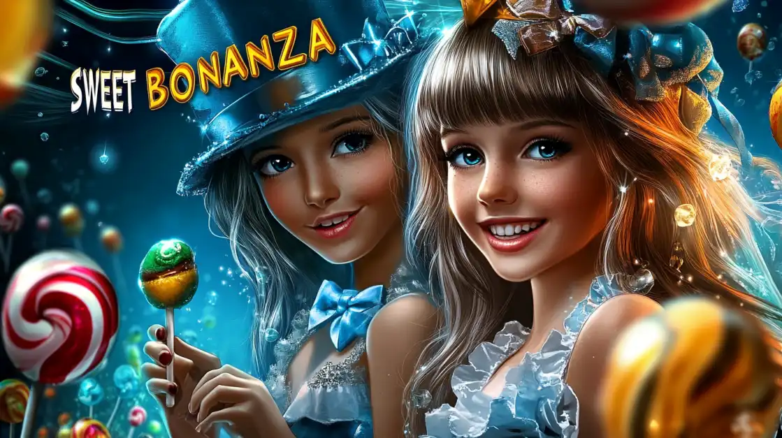 Two smiling anime-style girls from the Sweet Bonanza uubd slot game are surrounded by a colorful world of candy and lollipops, inviting players to a sweet adventure.